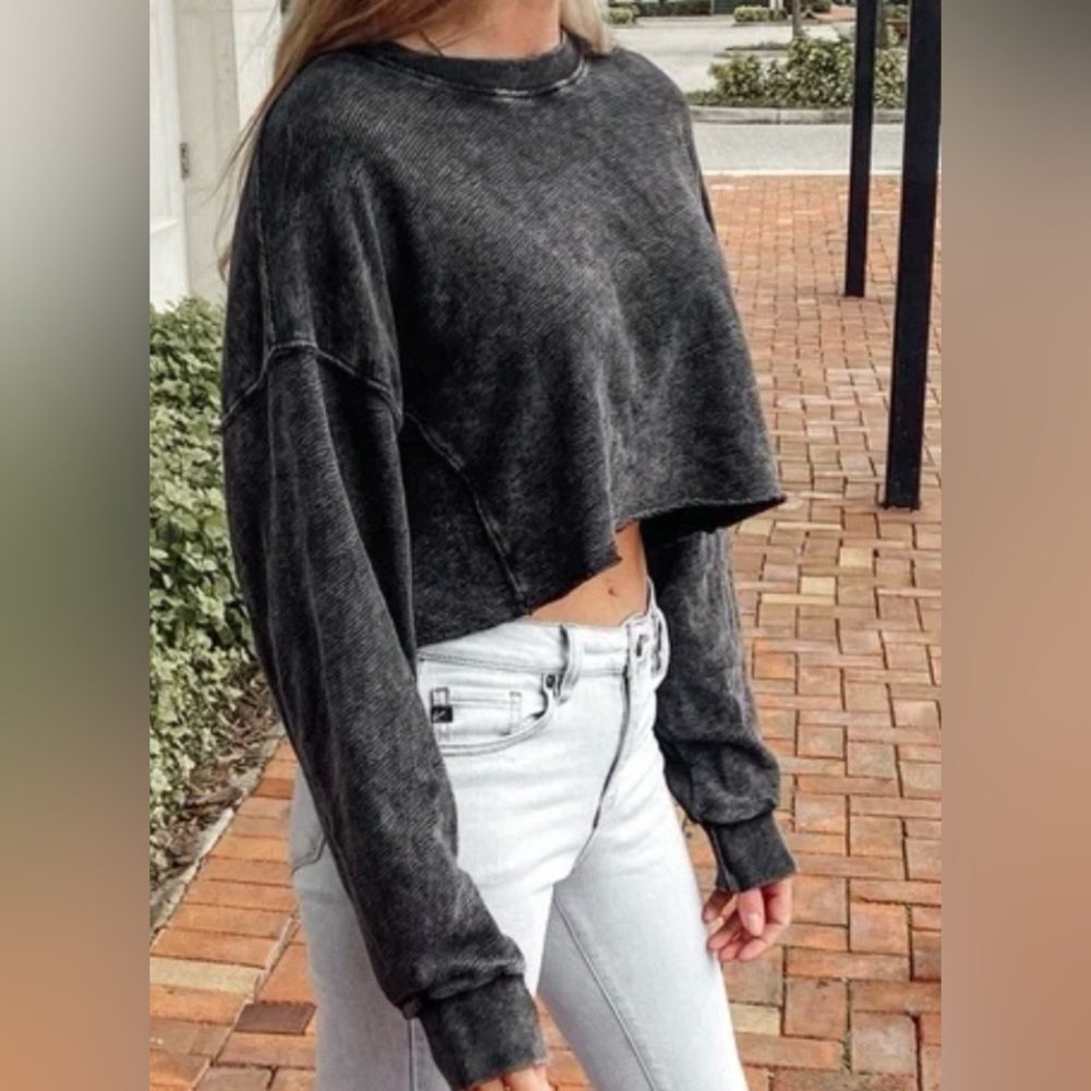 Mono B Cropped Washed Black Crewneck Sweatshirt